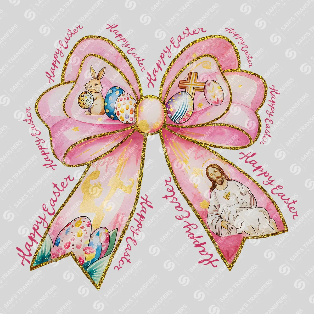 Apparel featuring a Happy Easter Jesus Bow-themed DTF transfer.