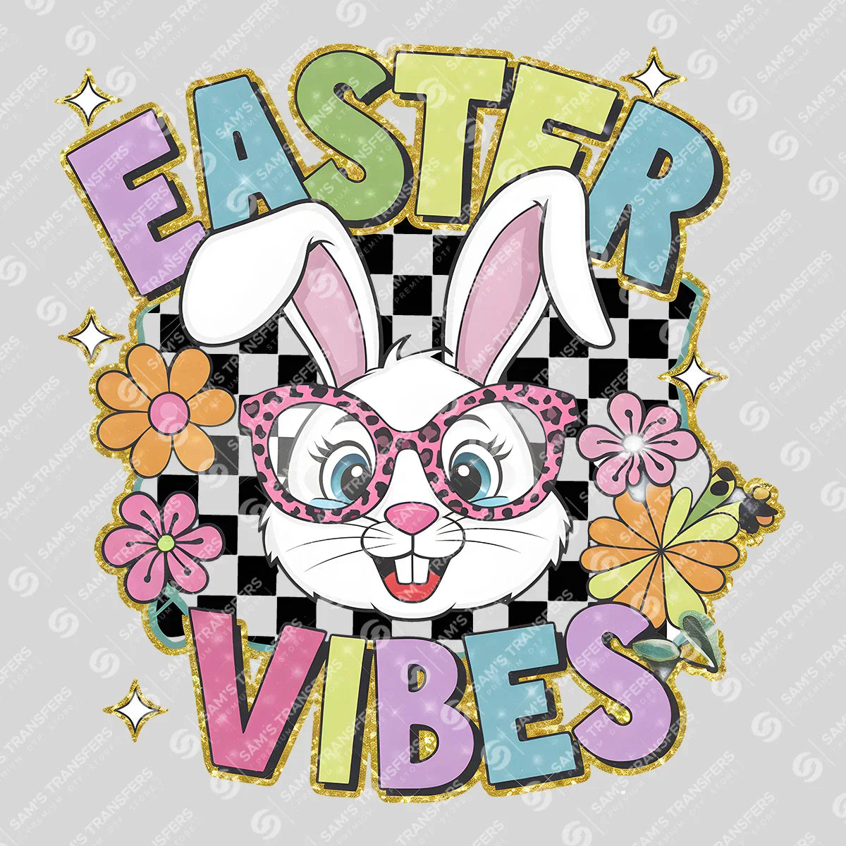 Apparel featuring a Easter Vibes Leopard Bunny-themed DTF transfer.
