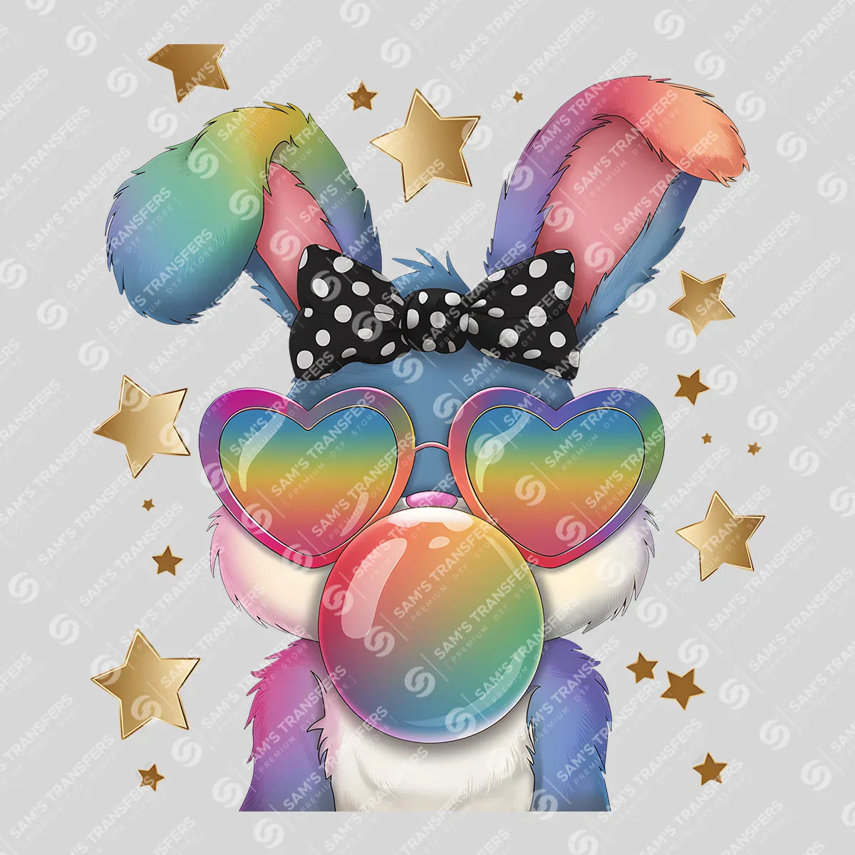 Apparel featuring a Rainbow Bunny-themed DTF transfer.