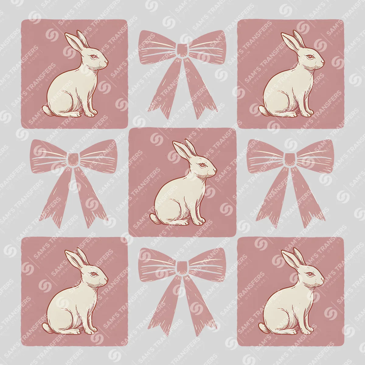 Apparel featuring a Bunny Bow Grid-themed DTF transfer.