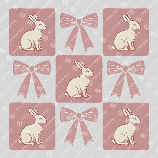 Apparel featuring a Bunny Bow Grid-themed DTF transfer.