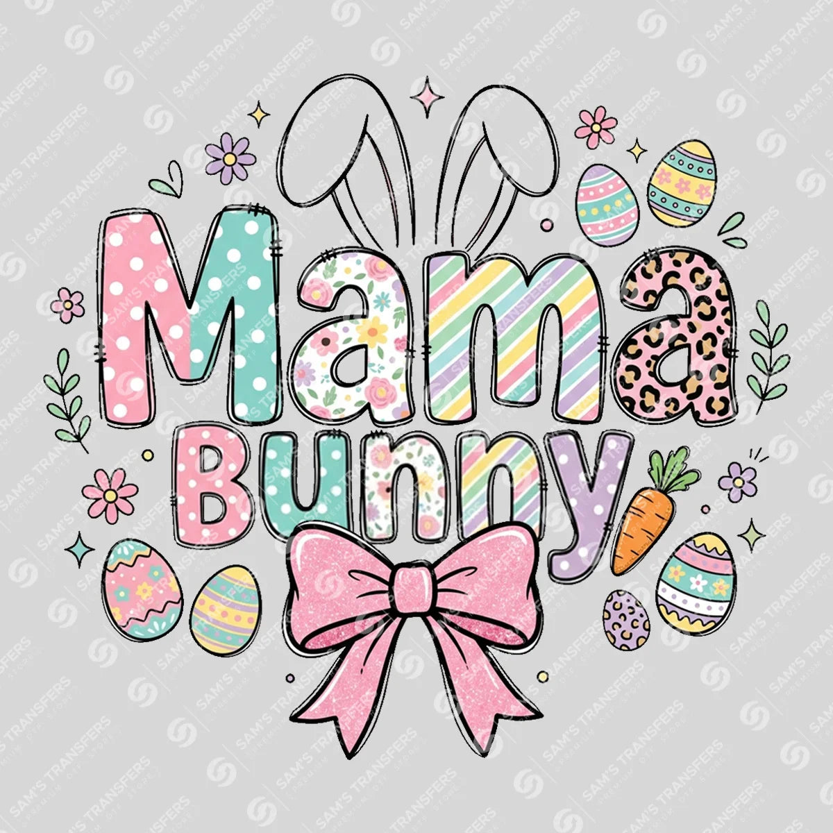 Apparel featuring a Mama Bunny Pastel-themed DTF transfer.