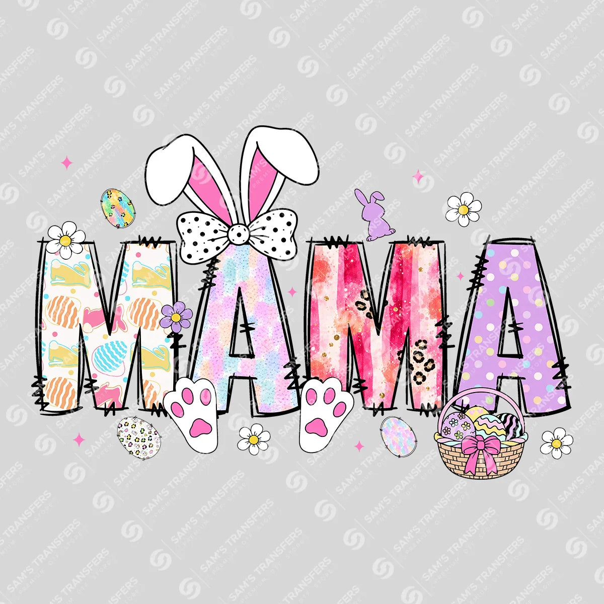 Apparel featuring a Mama Easter Tie Dye-themed DTF transfer.