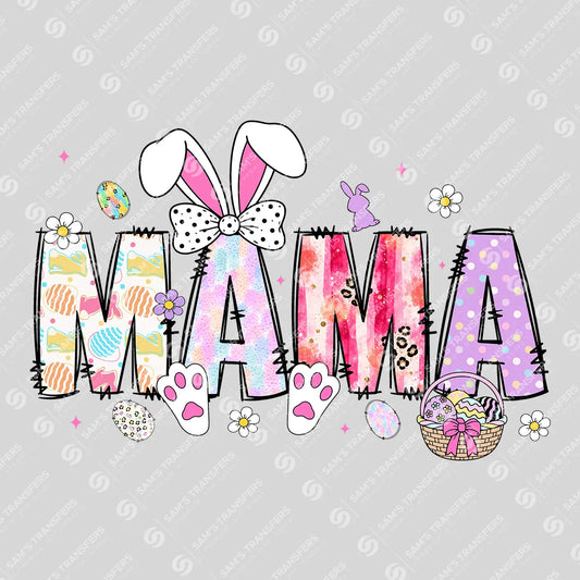 Apparel featuring a Mama Easter Tie Dye-themed DTF transfer.
