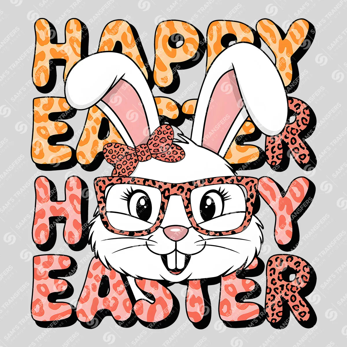 Apparel featuring a Happy Easter Leopard Bunny-themed DTF transfer.