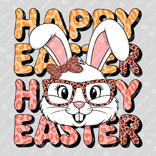 Apparel featuring a Happy Easter Leopard Bunny-themed DTF transfer.