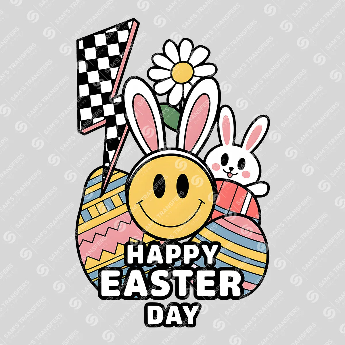 Apparel featuring a Happy Easter Day-themed DTF transfer.