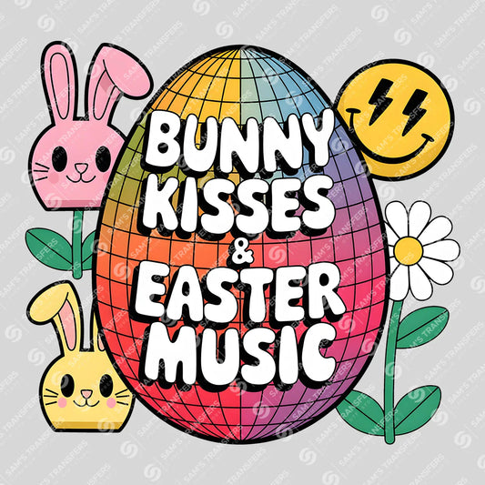 Apparel featuring a Bunny Kisses and Easter Music-themed DTF transfer.