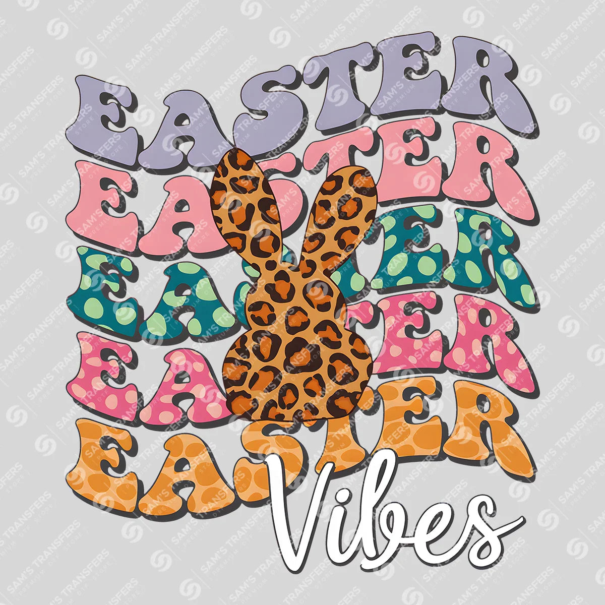 Apparel featuring a Easter Vibes Leopard Echo-themed DTF transfer.