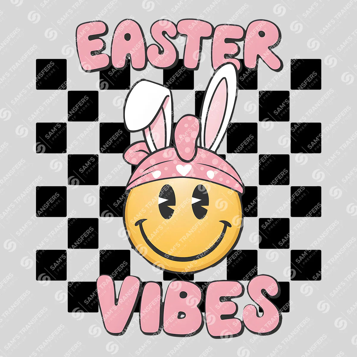 Apparel featuring a Easter Vibes Smiley-themed DTF transfer.