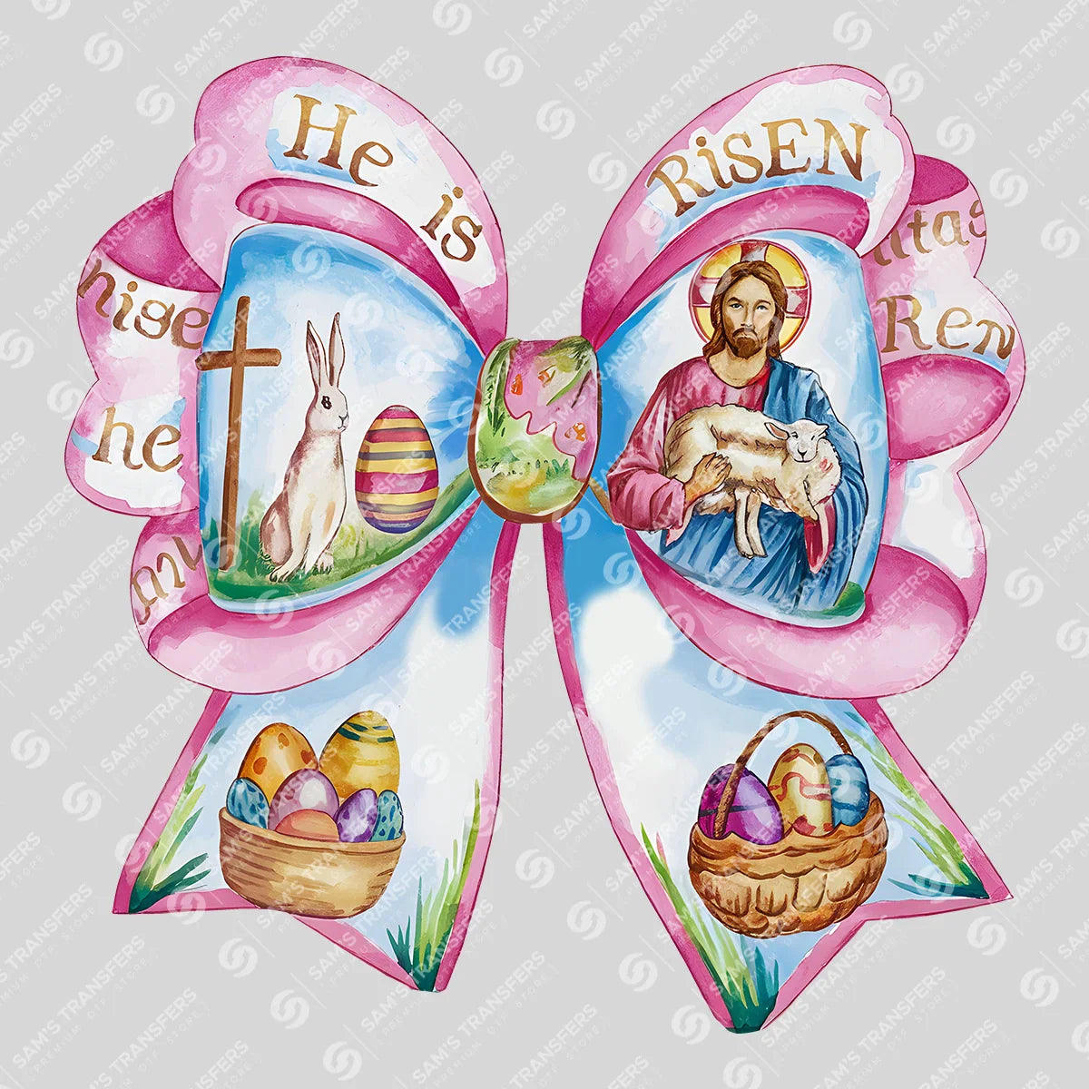 Apparel featuring a He Is Risen Bow Scene-themed DTF transfer.
