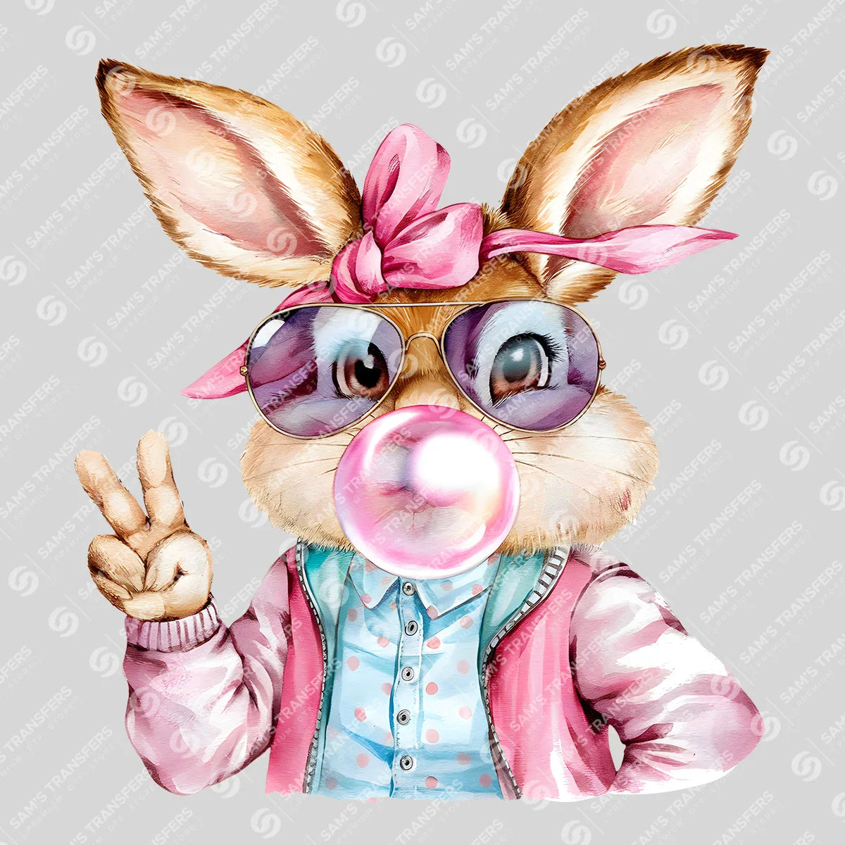 Apparel featuring a Bubblegum Bunny Jacket-themed DTF transfer.