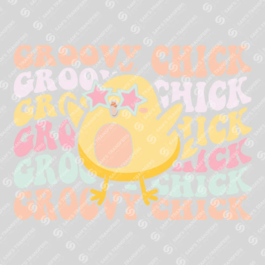 Apparel featuring a Groovy Chick-themed DTF transfer.