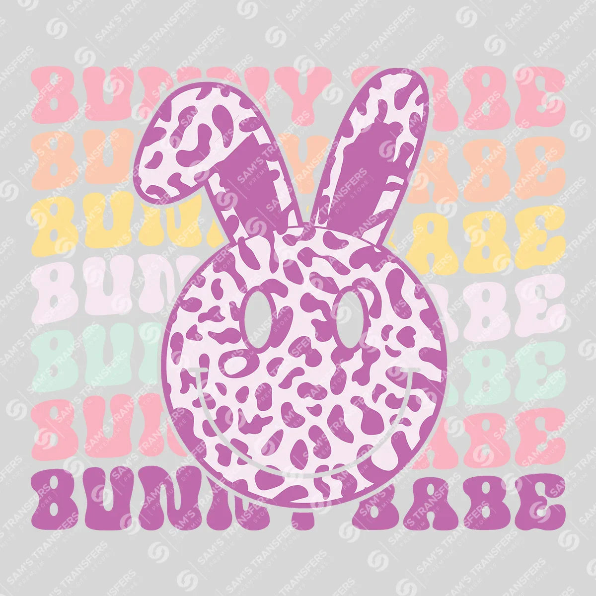 Apparel featuring a Bunny Babe Leopard Smiley-themed DTF transfer.