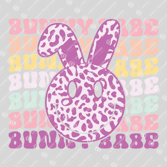 Apparel featuring a Bunny Babe Leopard Smiley-themed DTF transfer.