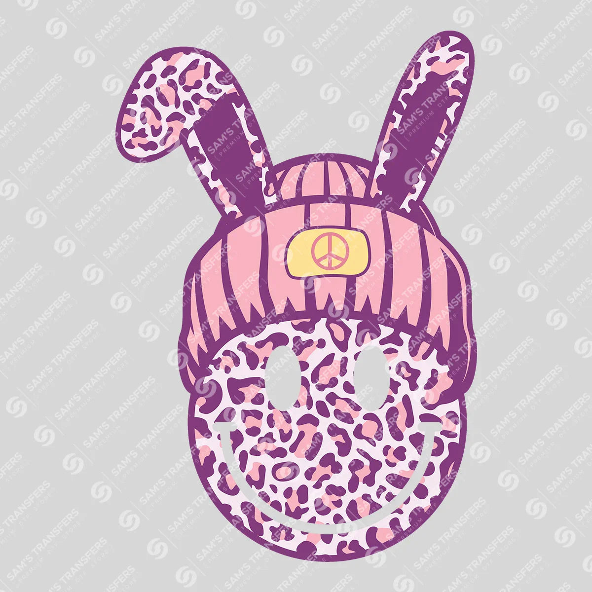 Apparel featuring a Leopard Bunny Beanie Smiley-themed DTF transfer.