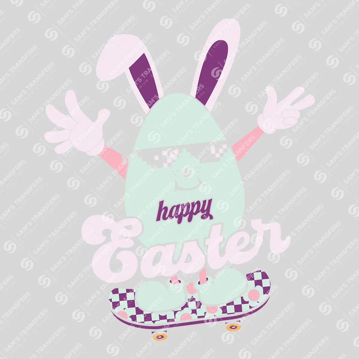 Apparel featuring a Happy Easter Skater Bunny-themed DTF transfer.