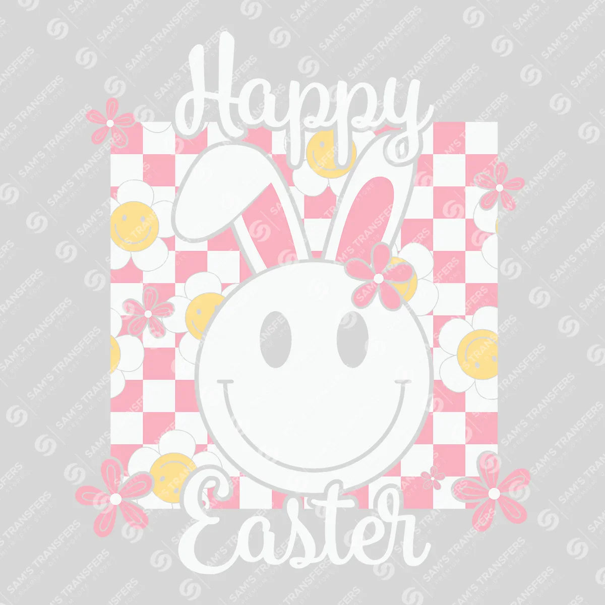 Apparel featuring a Happy Easter Daisy Smiley-themed DTF transfer.