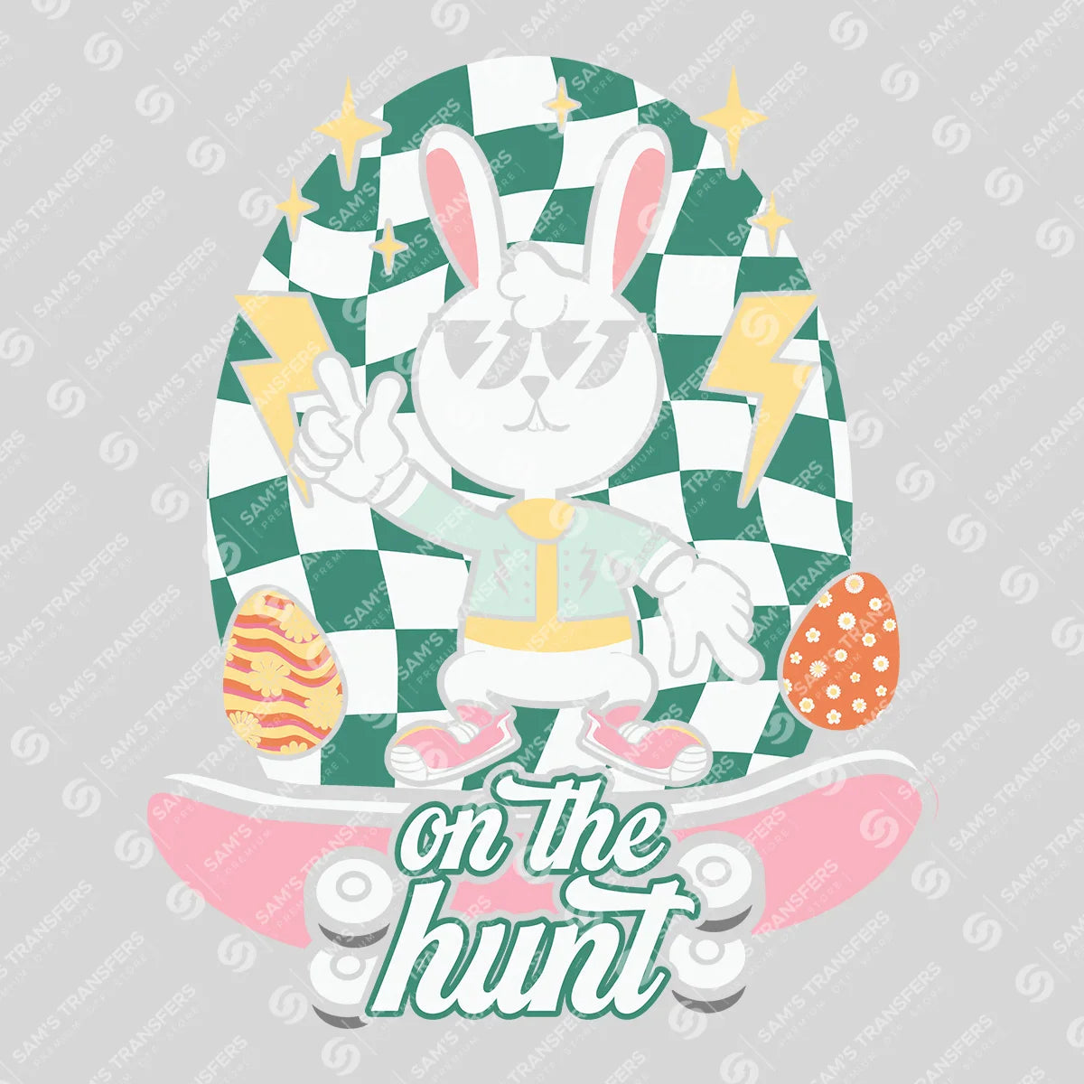 Apparel featuring a On The Hunt Skater Bunny-themed DTF transfer.
