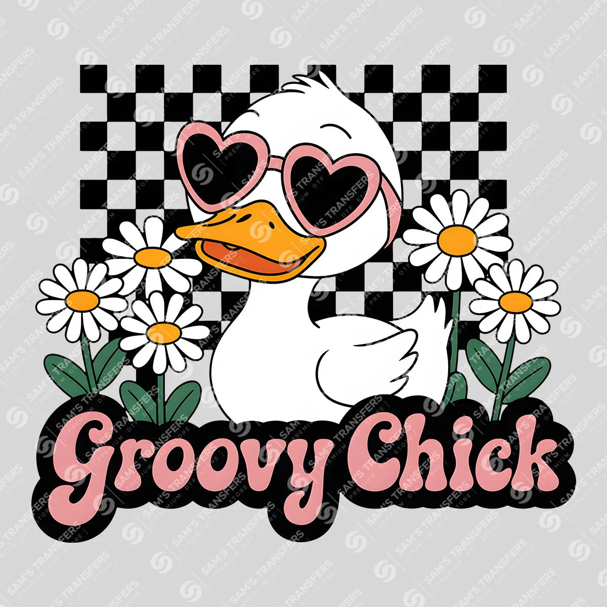 Apparel featuring a Groovy Chick Duck-themed DTF transfer.