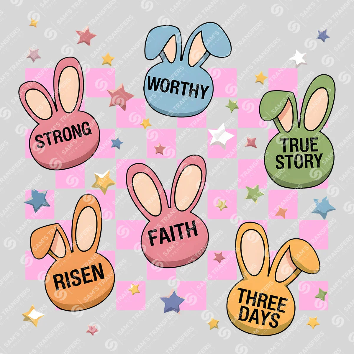Apparel featuring a Easter Faith Bunny Words-themed DTF transfer.