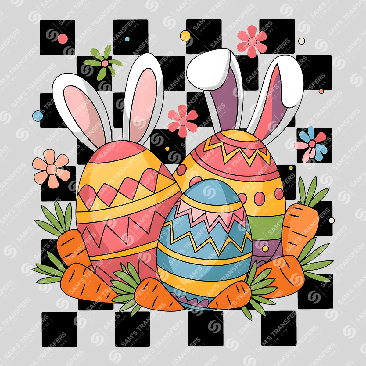 Apparel featuring a Easter Egg Bunny Ears-themed DTF transfer.