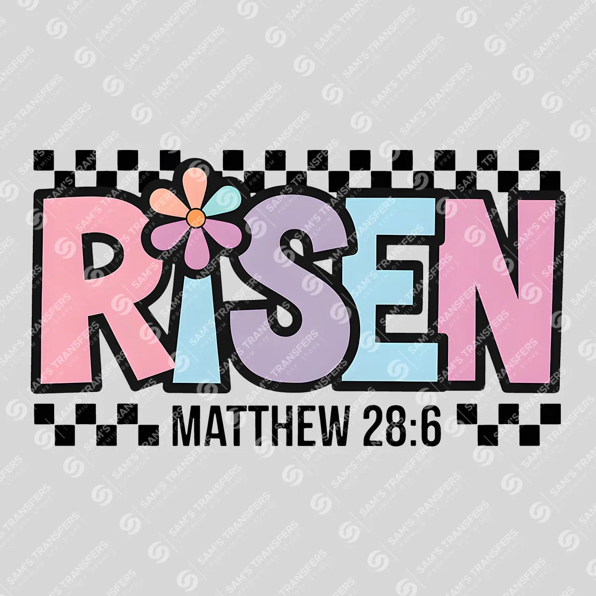 Apparel featuring a Risen Matthew 28-themed DTF transfer.