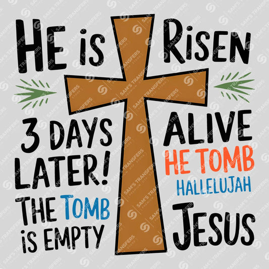 Apparel featuring a He Is Risen Word Collage-themed DTF transfer.