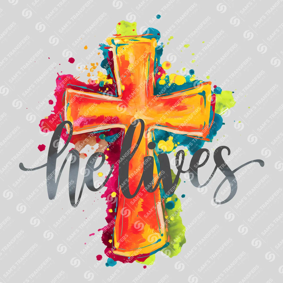 Apparel featuring a He Lives Watercolor Cross-themed DTF transfer.