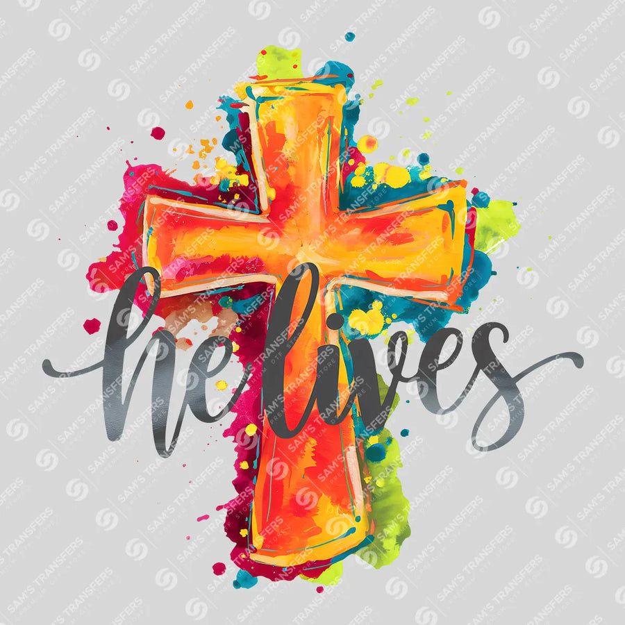 He Lives Watercolor Cross Ready-to-Press DTF Transfer | SAT00538