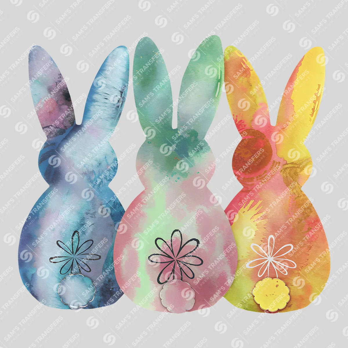 Apparel featuring a Watercolor Bunny Trio-themed DTF transfer.
