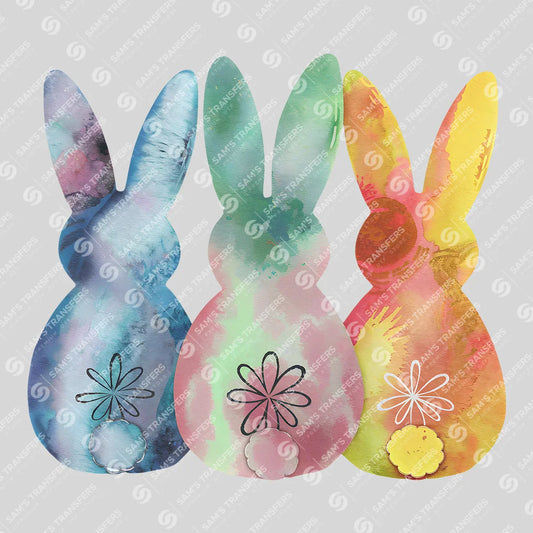 Apparel featuring a Watercolor Bunny Trio-themed DTF transfer.