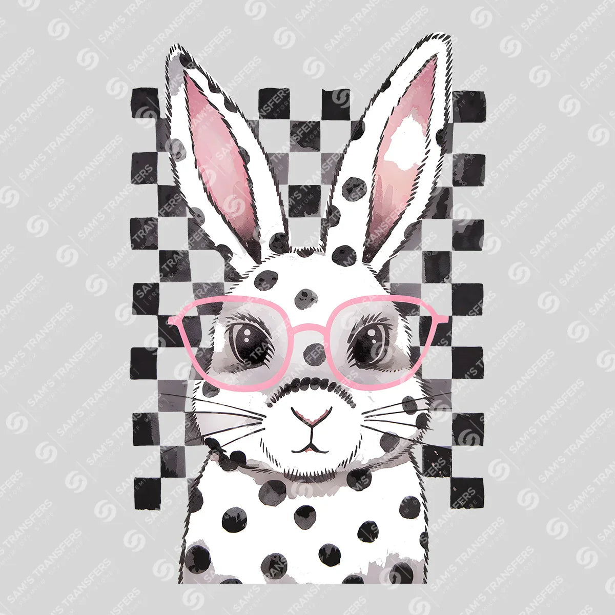 Apparel featuring a Polka Dot Bunny Glasses-themed DTF transfer.