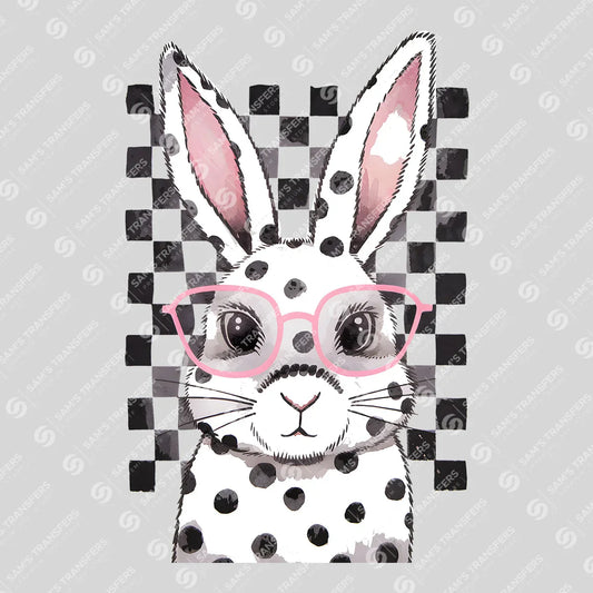 Apparel featuring a Polka Dot Bunny Glasses-themed DTF transfer.