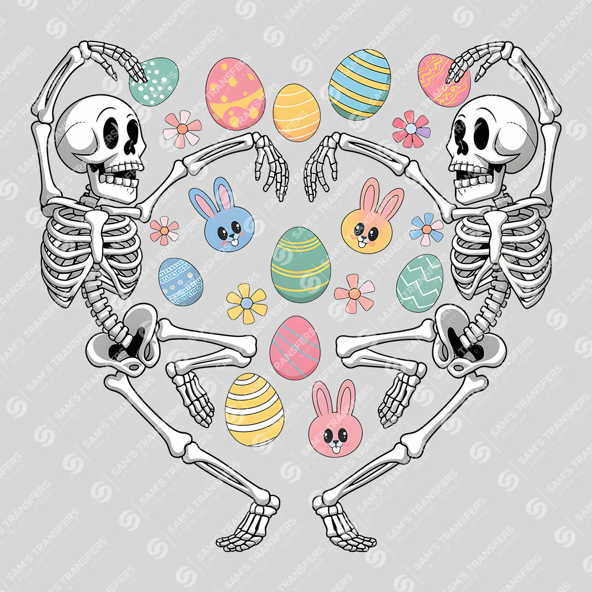 Apparel featuring a Dancing Skeletons Easter-themed DTF transfer.