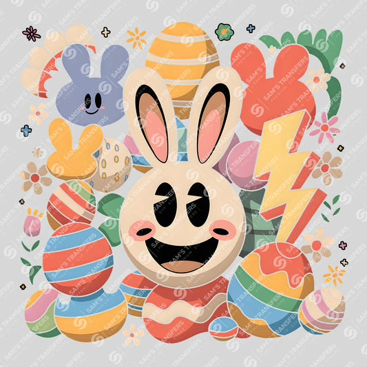 Apparel featuring a Easter Smiley Egg Collage-themed DTF transfer.