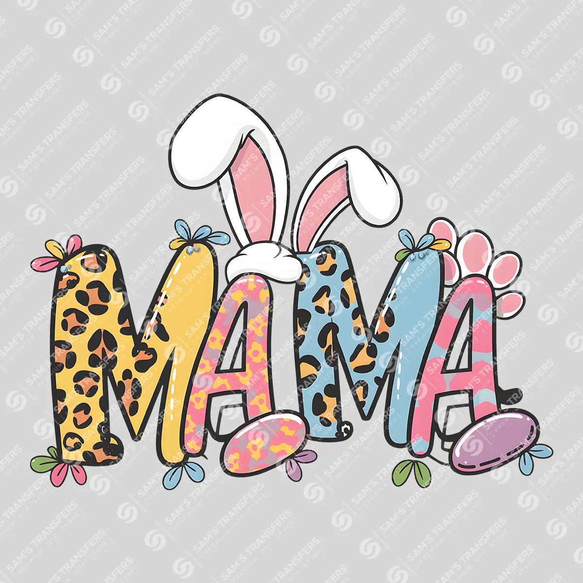 Apparel featuring a Mama Easter Bunny Leopard-themed DTF transfer.