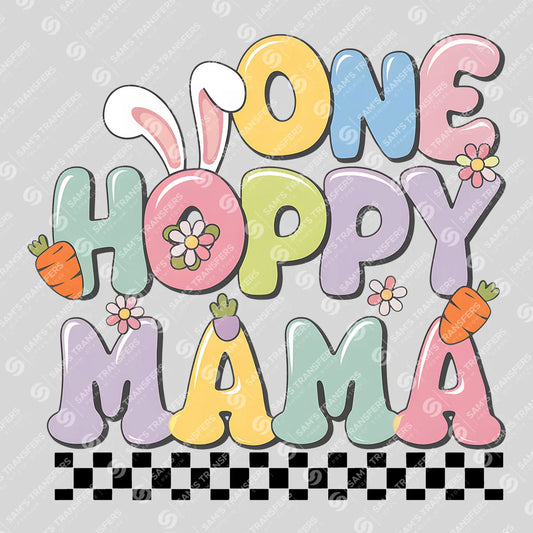 Apparel featuring a One Hoppy Mama-themed DTF transfer.
