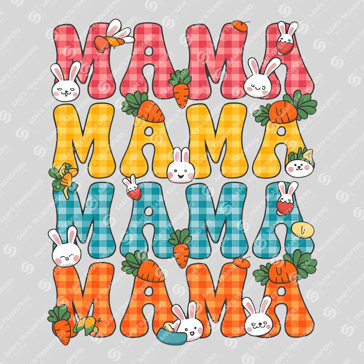 Apparel featuring a Mama Gingham Bunny Echo-themed DTF transfer.