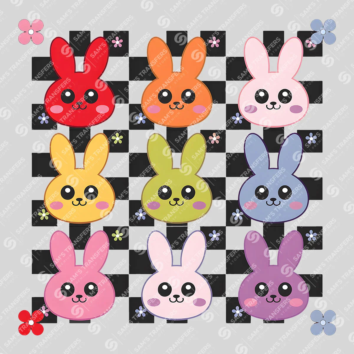 Apparel featuring a Checkered Bunny Faces Grid-themed DTF transfer.