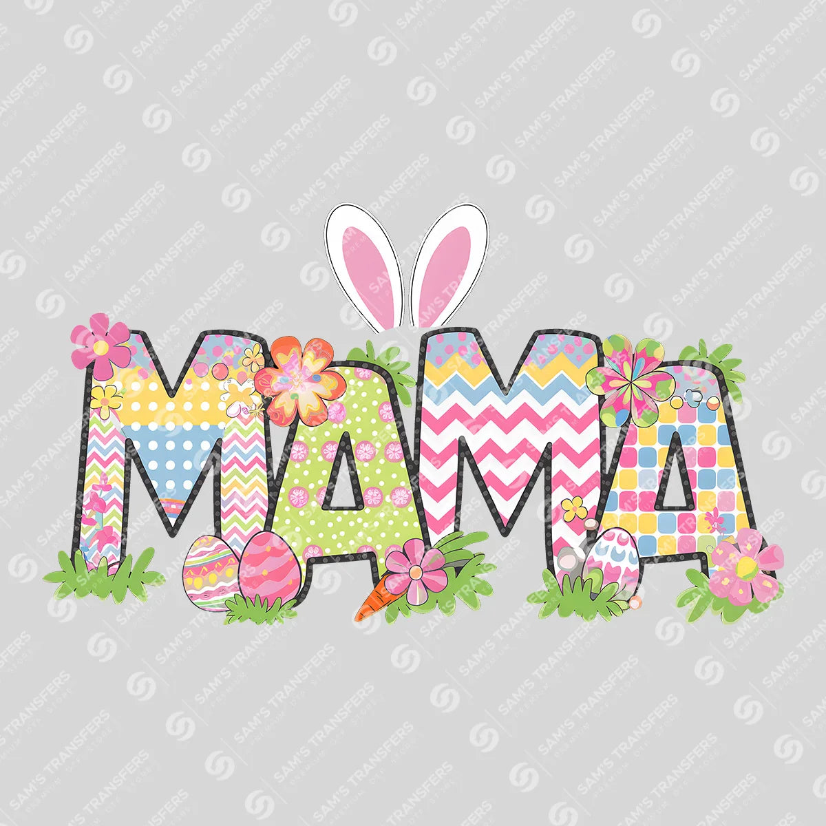 Apparel featuring a Mama Easter Patchwork-themed DTF transfer.