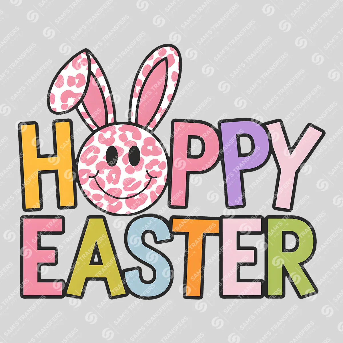 Apparel featuring a Hoppy Easter Leopard Smiley-themed DTF transfer.
