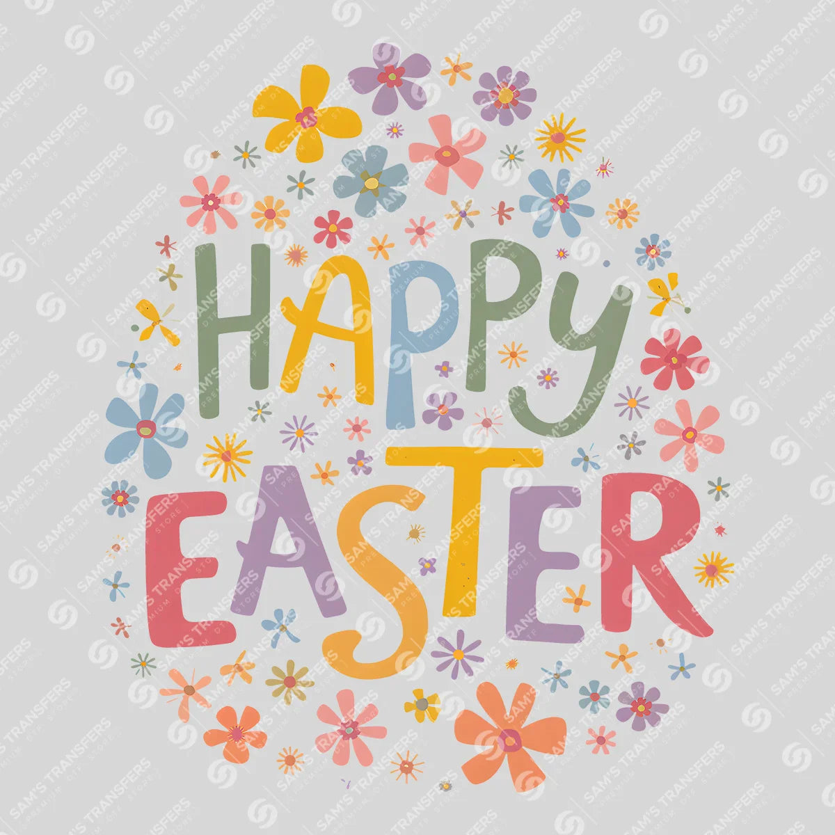 Apparel featuring a Happy Easter Floral-themed DTF transfer.