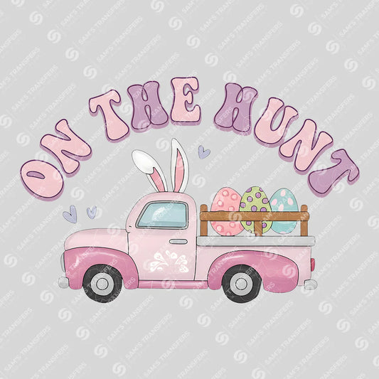 Apparel featuring a On The Hunt Pink Truck-themed DTF transfer.