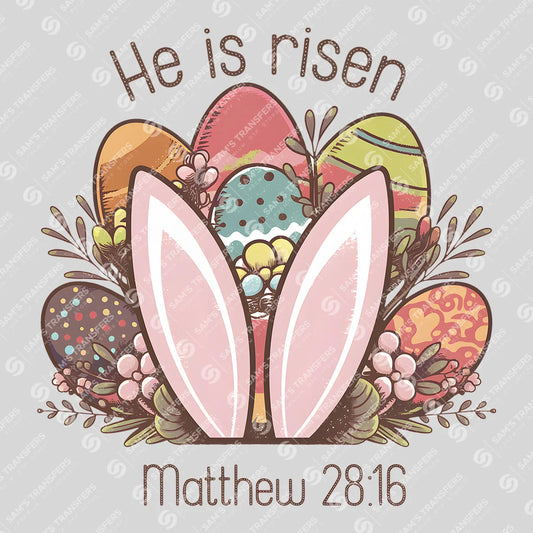 Apparel featuring a He Is Risen Bunny Ears-themed DTF transfer.