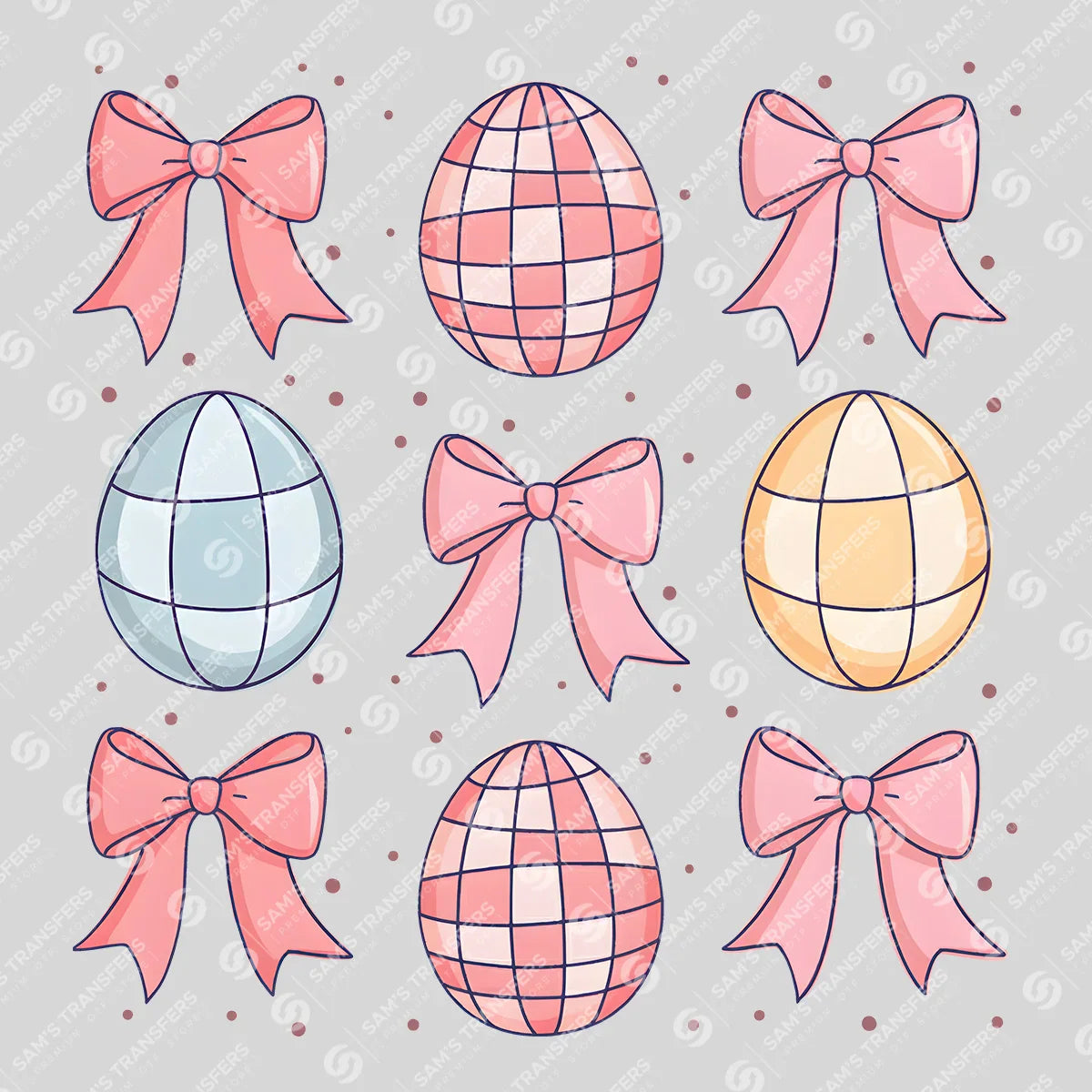 Apparel featuring a Disco Egg Bow Grid-themed DTF transfer.