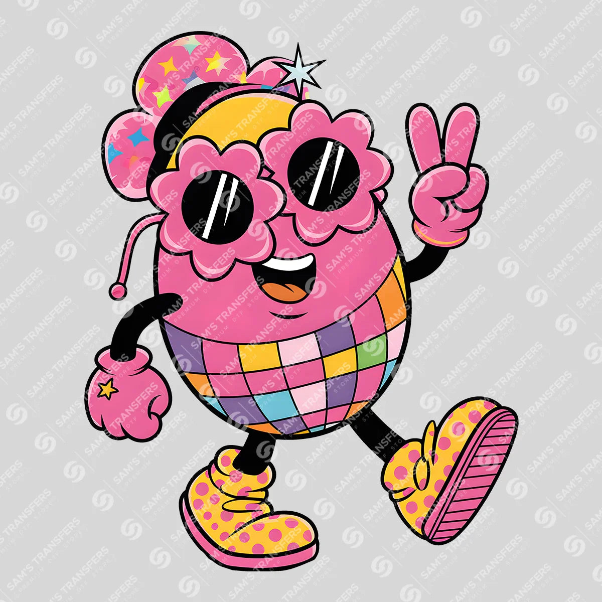 Apparel featuring a Groovy Disco Egg-themed DTF transfer.