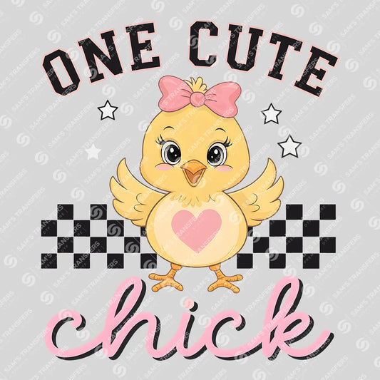Apparel featuring a One Cute Chick-themed DTF transfer.