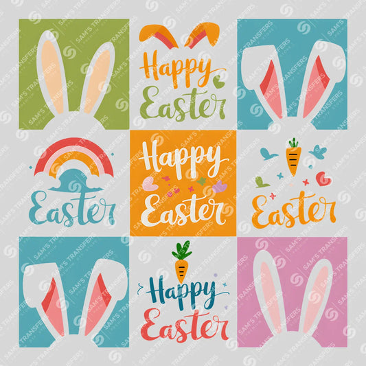 Apparel featuring a Happy Easter Bunny Ears Grid-themed DTF transfer.