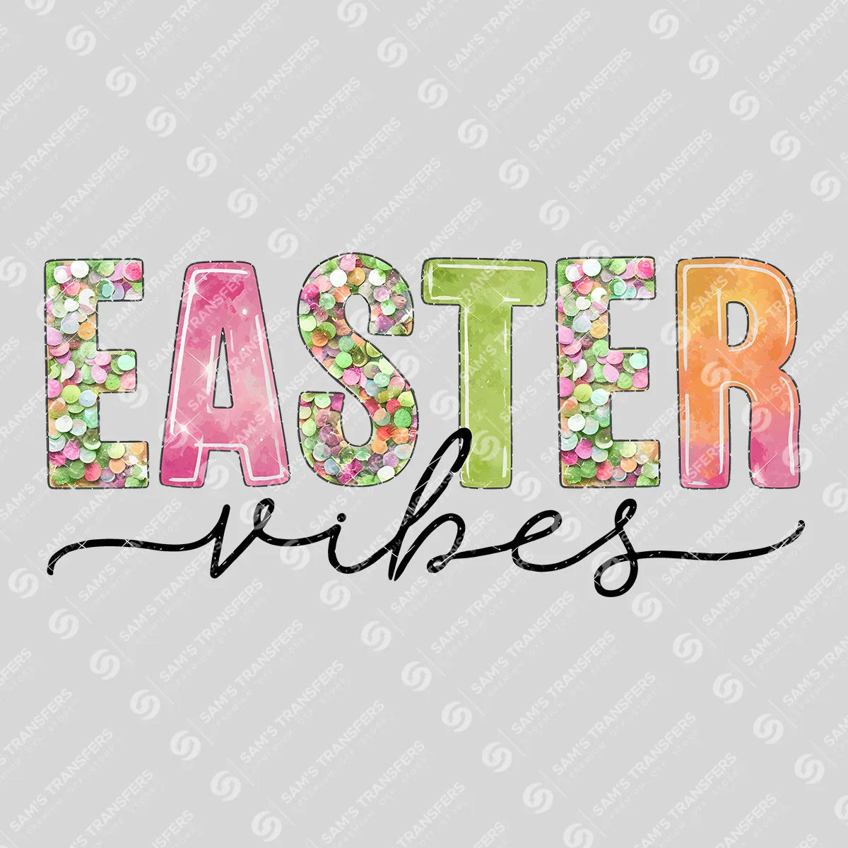Apparel featuring a Easter Vibes Sequin-themed DTF transfer.